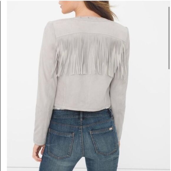 White house black market genuine leather fringed open front Western jacket XS‎ - Picture 1 of 9